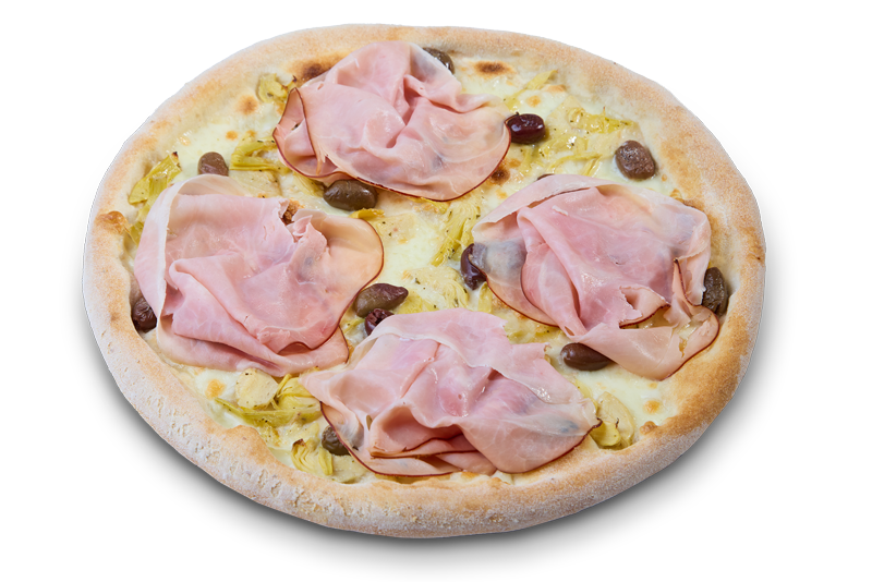 Pizza Estate Campagnola con mozzarella, carciofi, olive taggiasche e prosciutto cotto alla brace.