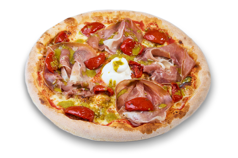 Pizza Estate Sublime con pomodoro, mozzarella, pesto di pistacchi, prosciutto crudo San Daniele, burrata e pomodorini semisecchi.