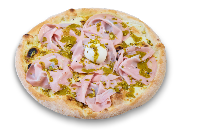 Pizza Estate Deliziosa con mozzarella, pesto di pistacchi, mortadella Bologna IGP, burrata e granella di pistacchi.