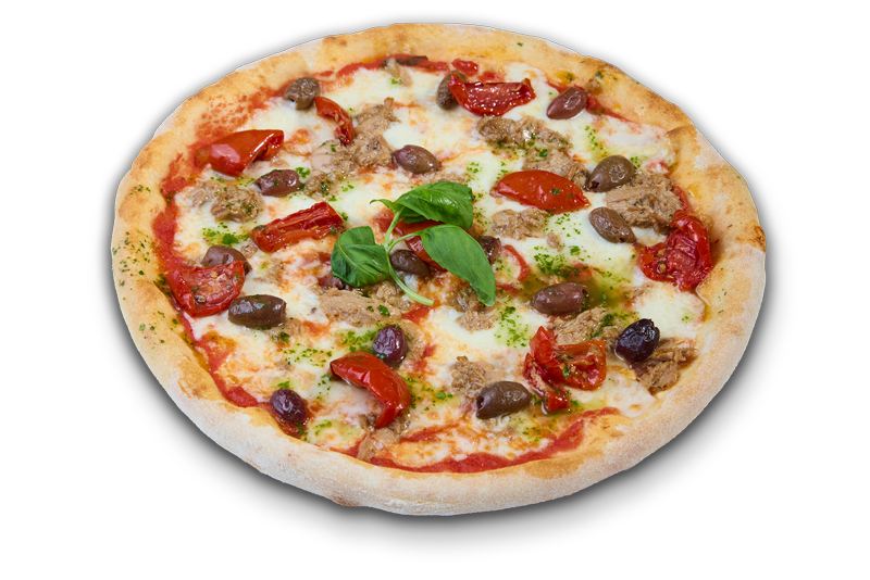 Pizza Estate Saporita con pomodoro, mozzarella, tonno, olive taggiasche, pomodorini semisecchi e olio al basilico.