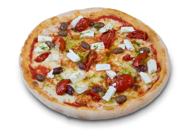 Pizza Estate Vegetariana con pomodoro, mozzarella, olive taggiasche, feta greca, pomodorini semisecchi e olio al basilico.