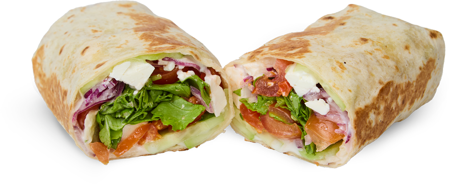 Piadina Estate in Grecia con feta greca, cetrioli, cipolla, pomodorini, insalata e salsa yogurt.