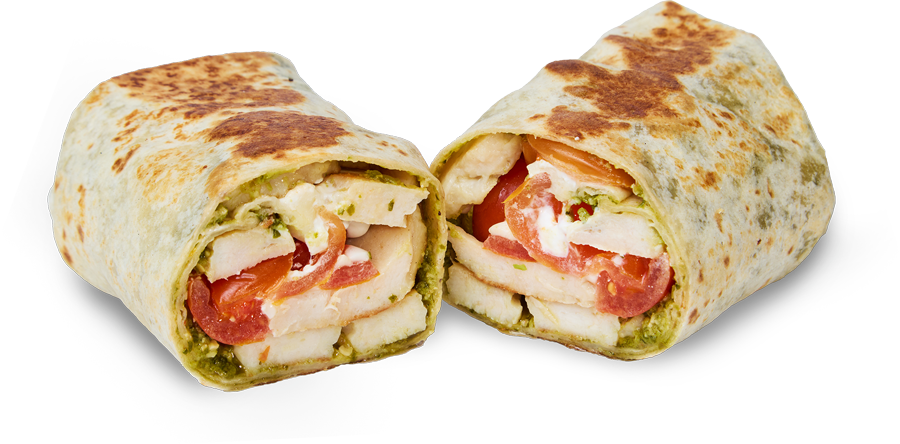 Piadina Estate in Liguria con pollo, pesto alla genovese, burrata e pomodorini.