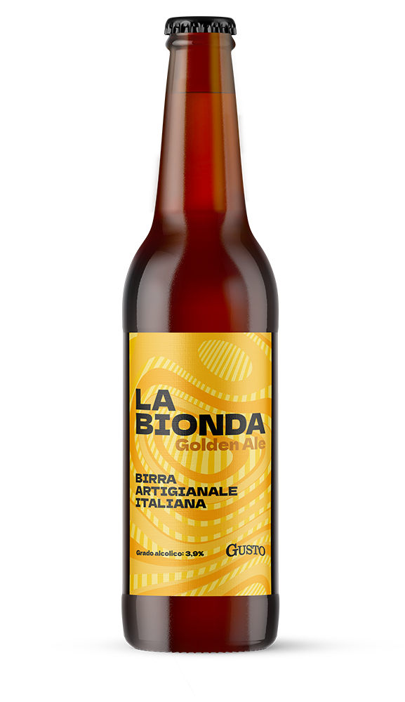 Bottiglia di birra artigianale italiana La Bionda Golden Ale della linea Gusto, con etichetta gialla e gusto leggero ed equilibrato.